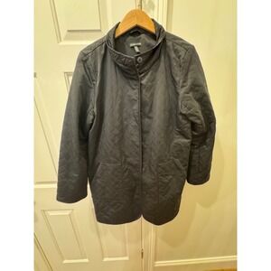 Eileen Fisher Black Quilted Snap Front Jacket Stand Collar Fleece Lined Womens L